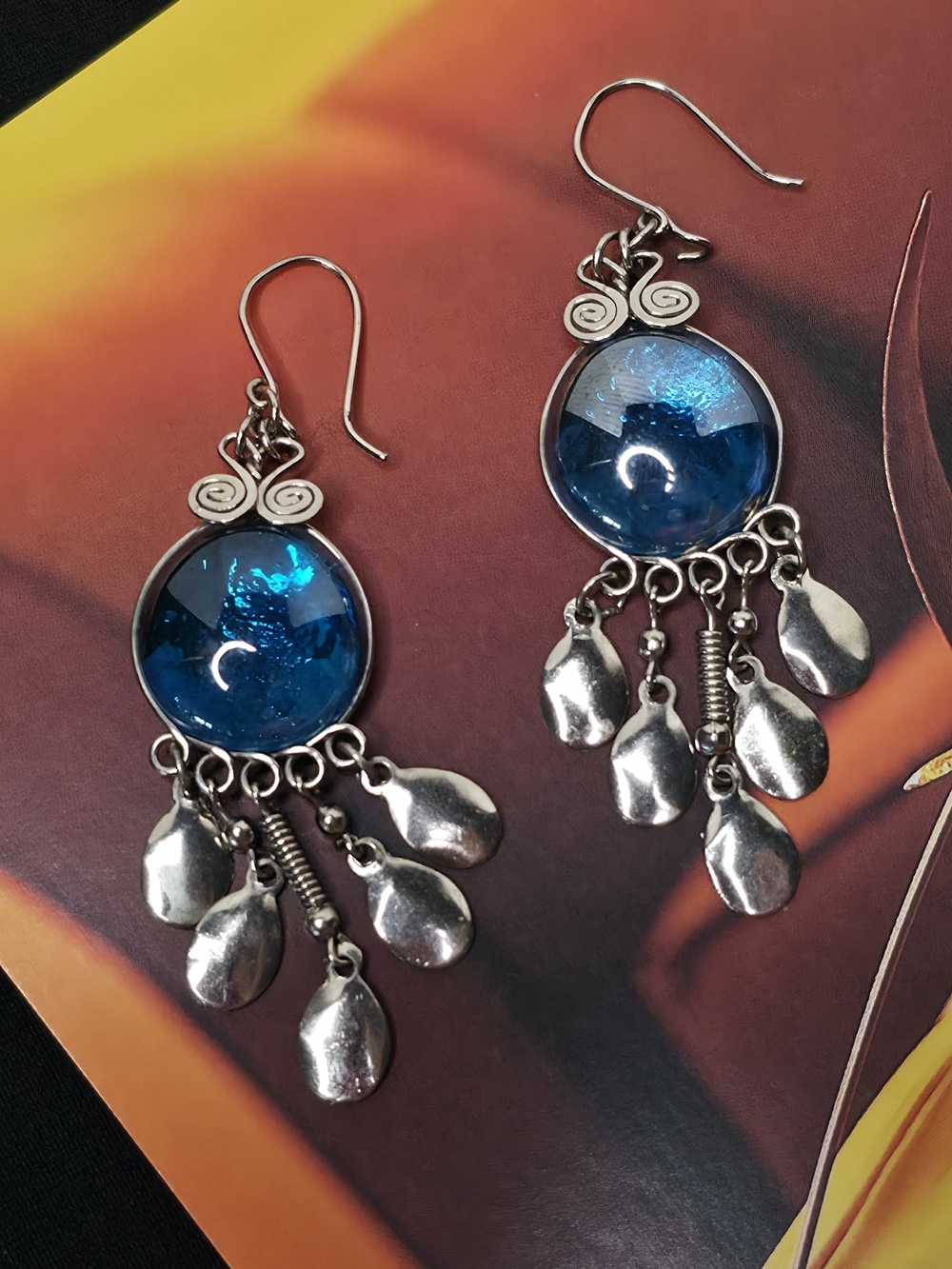 💫3x10 Boho Blue Glass Cabochon Silver Tassel Dangle Drop Earrings 3” Perfect Co